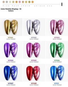 Macro display of 9-color solid mirror nail powder palette with metallic chrome finish