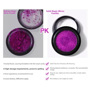 Comparison showing loose purple nail powder versus solid concentrated mirror chrome powder