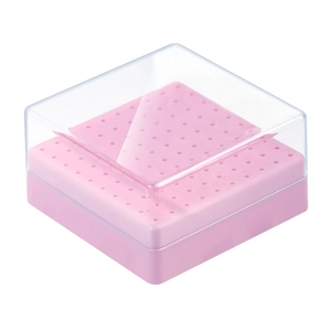 Rosa Aufbewahrungsbox für 100 Nagelbohrer mit transparentem Deckel und 10x10 Loch-Layout