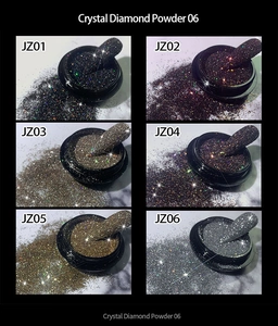 Detailed grid showing 6 colors of crystal diamond nail powder in small black jars
