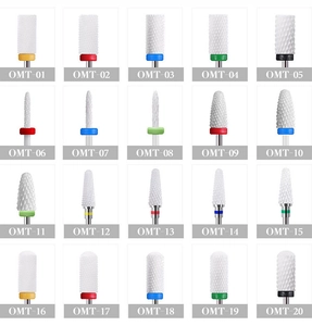 Detailed grid chart of 20 ceramic nail drill bit shapes with colored grit indicators