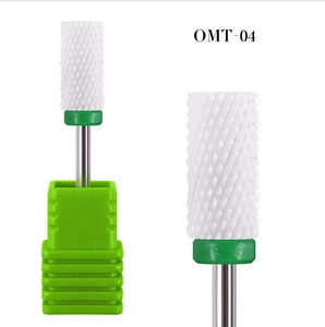 Detailed close-up of OMT-04 white ceramic nail drill bit with green plastic base