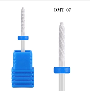 Macro detail of OMT-07 ceramic nail drill bit with fine cross texture and blue base