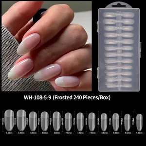 Detailed size chart for 240pcs frosted almond press-on nails in professional box