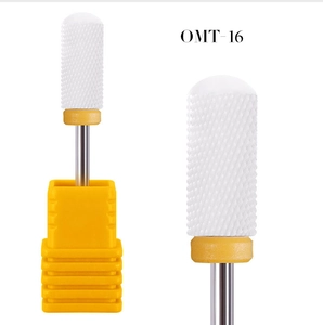 Macro view of OMT-16 white cylindrical ceramic nail drill bit with yellow collar and base
