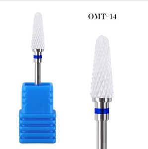 Detailed close-up of OMT-14 ceramic nail drill bit with blue ring and plastic base