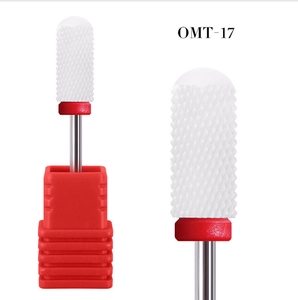 Macro detail of OMT-17 white ceramic nail drill bit with professional cross-cut texture