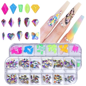 Detailed set of iridescent colorful 3D nail art rhinestones in two 12-grid organizer boxes