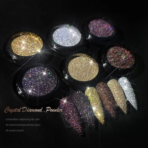 6 colors of crystal diamond nail powder set showing high-density shimmering effect on nails