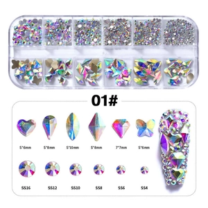 Detail of 12-grid nail art set featuring AB rhinestones in heart and water drop shapes