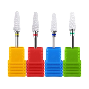 Set of 4 professional ceramic nail drill bits with color-coded bands and plastic storage base