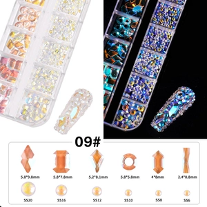 12-grid box of AB champagne gold nail art rhinestones with multi-size crystals and gems
