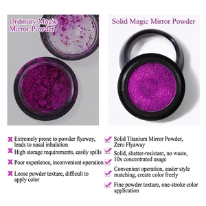 Comparison between loose and solid purple mirror nail powder with metallic pearl finish