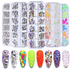 12-grid nail art rhinestone set with colorful AB crystals and mixed shapes in boxes