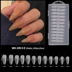 Detailed size chart for 240pcs matte almond nail tips with length and width dimensions