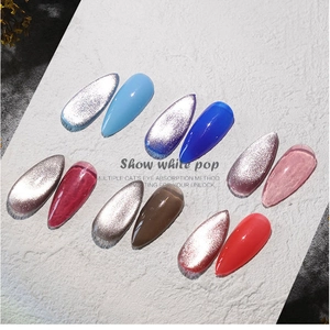 Cat's eye magnetic nail polish color palette showing diverse glitter effects on white stone