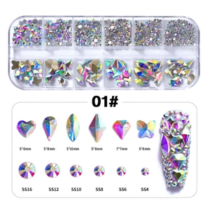 12-grid box of AB crystal nail art rhinestones with multi-size flatback glass gems