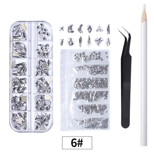 DIY nail art kit with 12-grid flatback AB rhinestones, tweezers, and wax picker pen