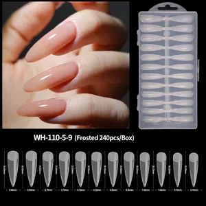 Size chart showing 12 almond shaped matte nail tip sizes with length and width dimensions