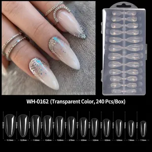 Detailed size chart for clear almond almond-shaped long fake nail tips, 240 pieces per set