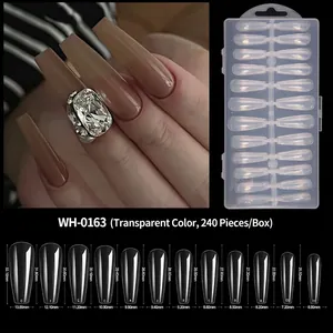 Size chart for 240pcs clear almond nail tips showing 12 different dimensions and lengths