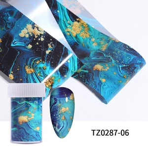 Detailed blue marble nail art transfer foil with gold flakes and clear storage tube