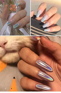 Detalle macro de polvo de uñas holográfico láser con efecto cromo de arco iris