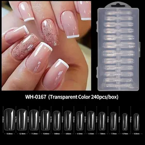 Detailed size chart for 240pcs clear almond nail tips with dimensions and packaging