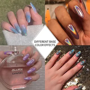 Polvo de uñas holográfico con efecto láser sobre cuatro colores de base distintos