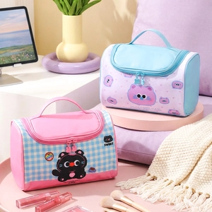 Checkerboard pattern makeup bag with cute cat designs and large capacity storage handle