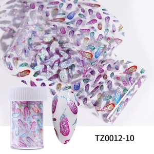 Detailed view of nail art foil roll featuring colorful feathers and glitter on a white nail