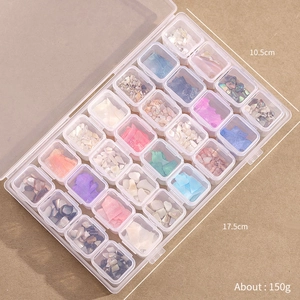 28 slots transparent nail art storage box with colorful seashell flakes and nail decor