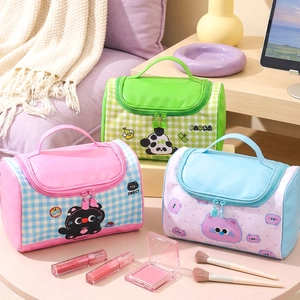 Three colorful checkered vanity bags with cute panda and cat prints for travel storage