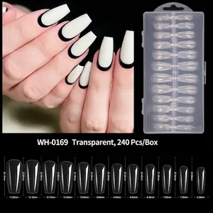 Detailed size chart and view of 240pcs clear coffin nail tips in 12 different sizes