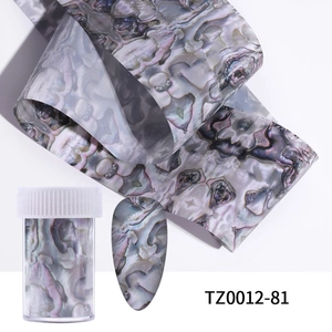 Macro shot of iridescent marble nail foils with shell texture and clear bottle packaging