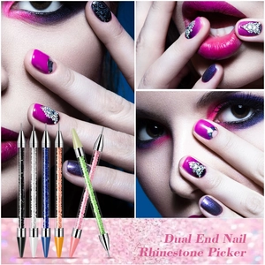 Close-up of 6-color dual-end nail rhinestone picker pen set with colorful diamond handles