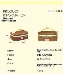 Detail of macaron color nylon cosmetic bag with contrast handle and quilted texture