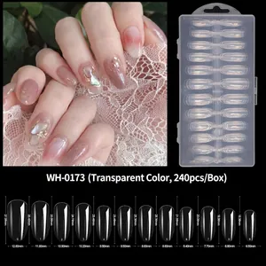 Size chart showing 10 lengths and widths for 240pcs clear long stiletto nail tips