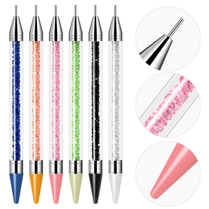 Detailed view of dual-ended 6-color nail dotting tools with wax tips and rhinestone barrels