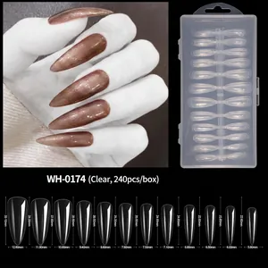 Size chart showing 12 dimensions for almond shape press-on nail extensions 240 pieces