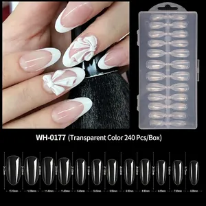 Size chart showing width and length in mm for 240 pieces almond shape nail tips