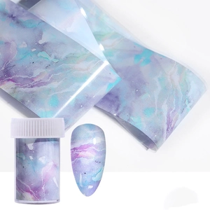 Blue and purple marble nail art transfer foil with star texture and storage container