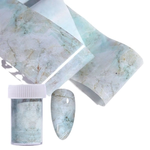 Blue marble nail art transfer foil with gold veins, storage bottle and sample nail tip