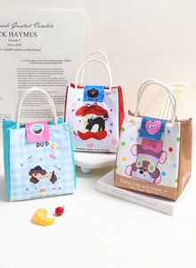 Three lunch bags with animal prints, cotton rope handles and colorful velcro closures