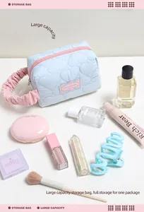 Vista dettagliata della borsa da trucco trapuntata a cuore celeste con manico rosa