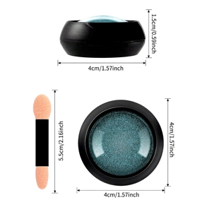 Kit de poudre à ongles effet miroir sarcelle avec applicateur et dimensions détaillées