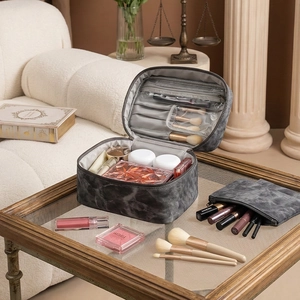 American retro grey marble cosmetic bag set with large capacity and multi-compartment storage
