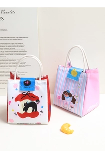 Detail of insulated lunch bags with cute cartoon patterns and durable woven handles