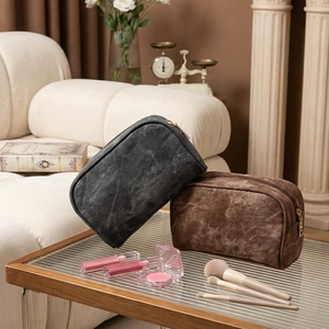 Vintage canvas toiletry bags in dark grey and brown with large capacity and metal zippers