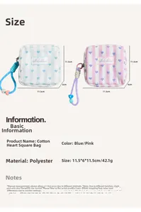 Detailed size specifications for quilted heart makeup bag showing dimensions and materials